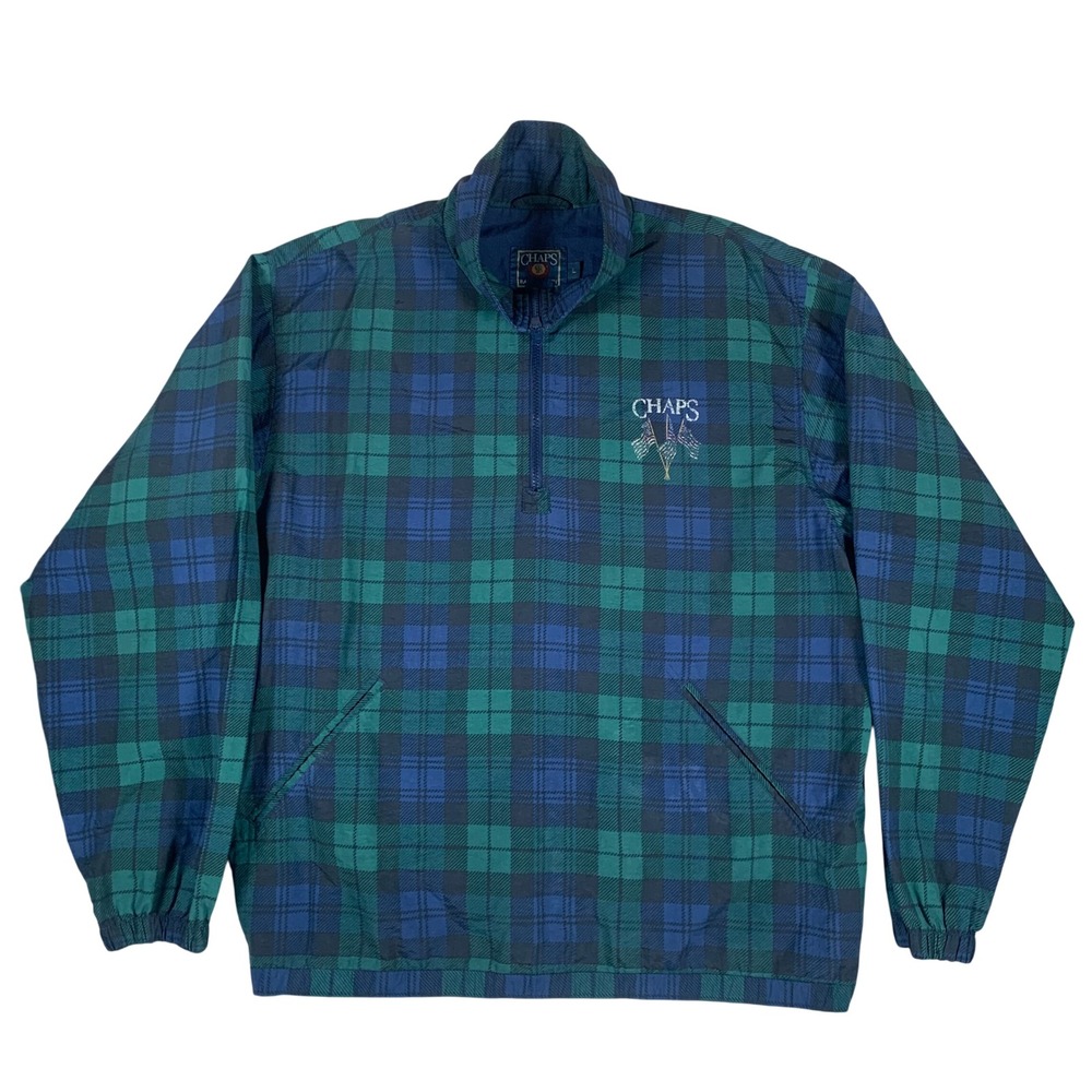 Vintage Chaps Ralph Lauren Windbreaker Mens L Green Blue Plaid Tartan 1/4 Zip
